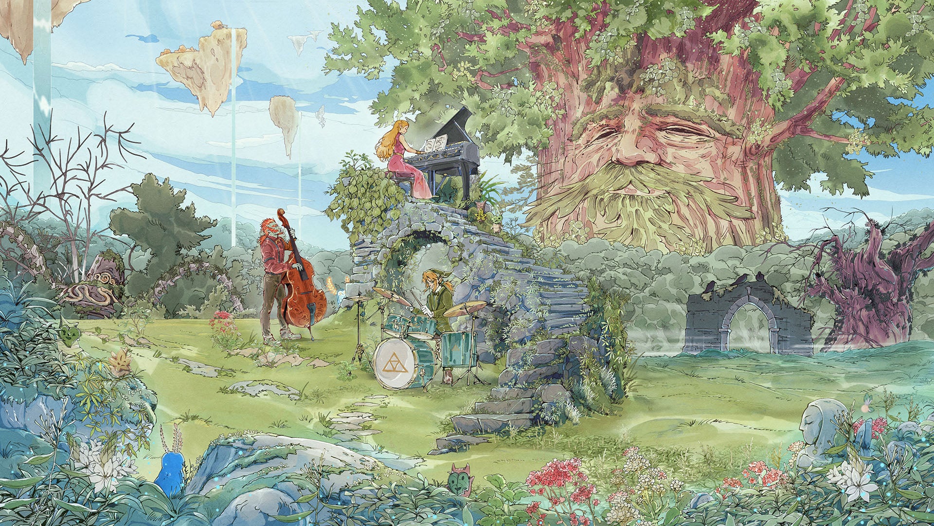 Three Jazz musicians perform in the ruins of Hyrule, outside of The Lost Woods, with The Deku Tree overlooking the show.