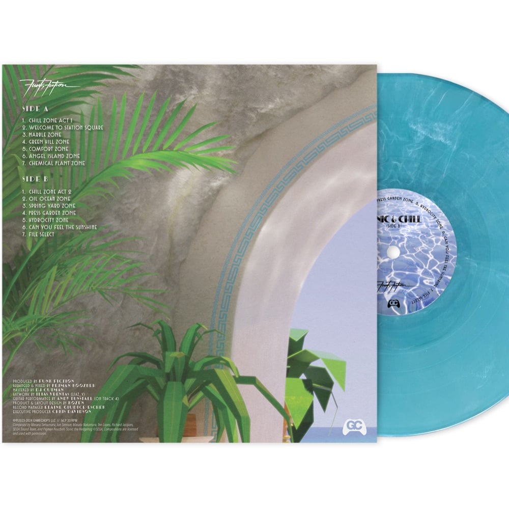 Back cover and disc view of Sonic & Chill vinyl featuring artwork by Liaz