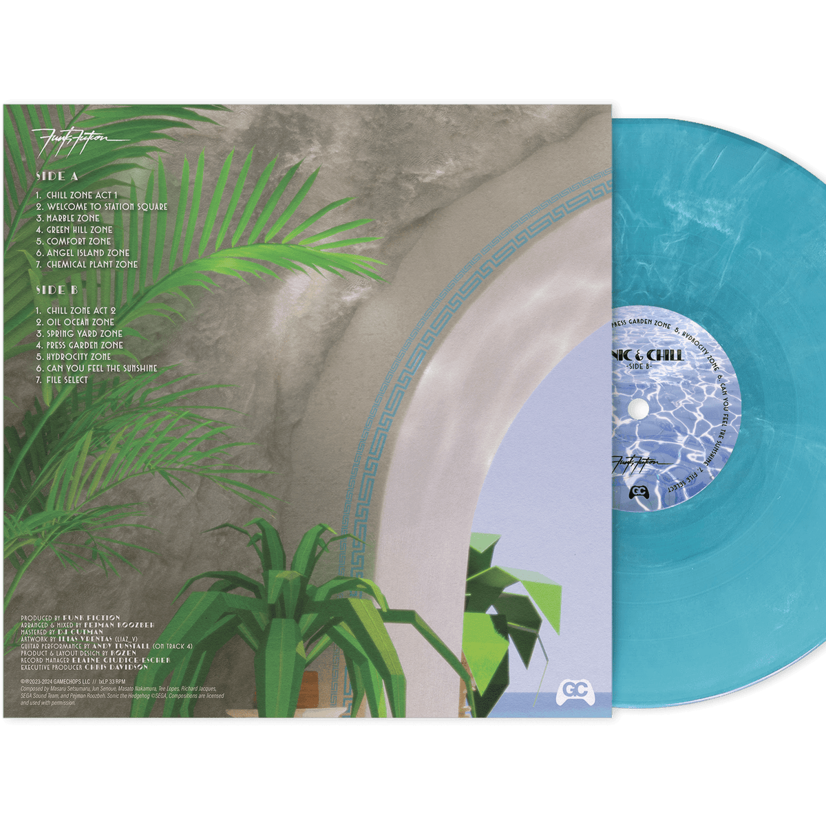 Back cover and disc view of Sonic & Chill vinyl featuring artwork by Liaz