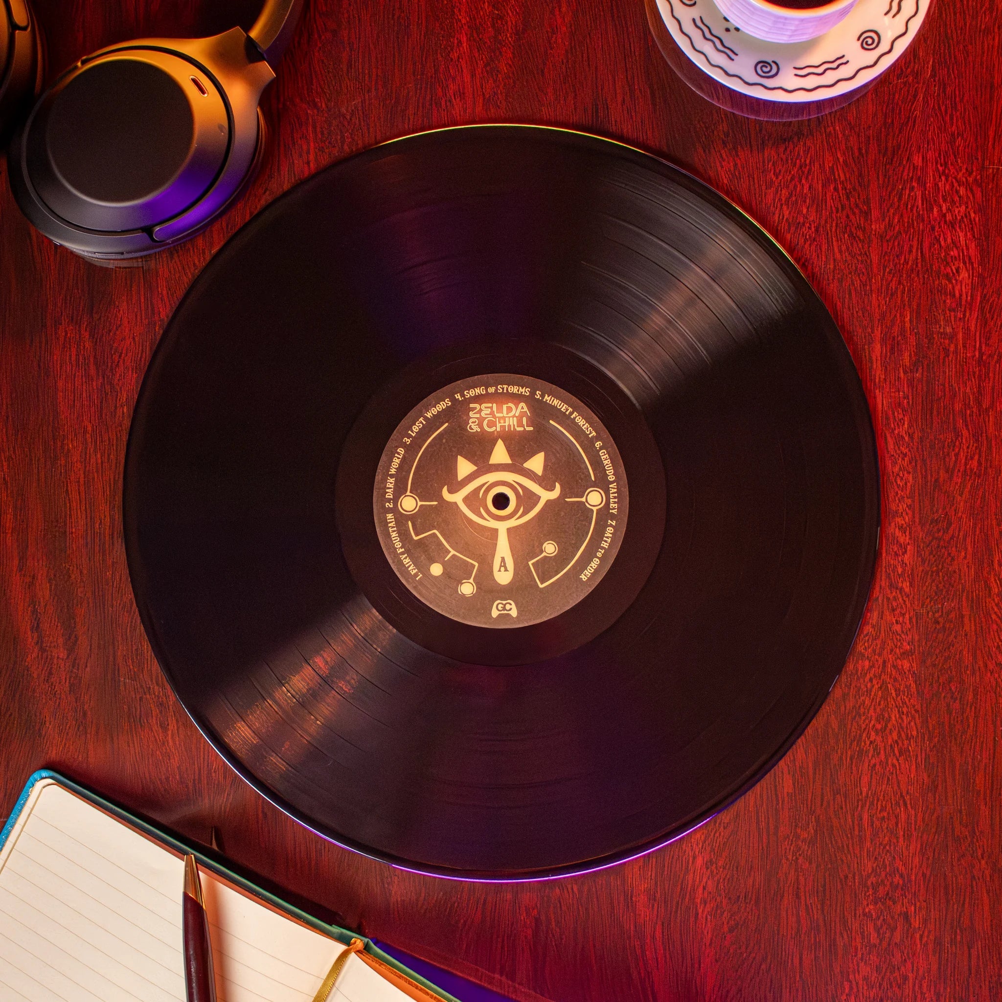 Zelda & Chill original pressing – black vinyl with printed label, top-down view