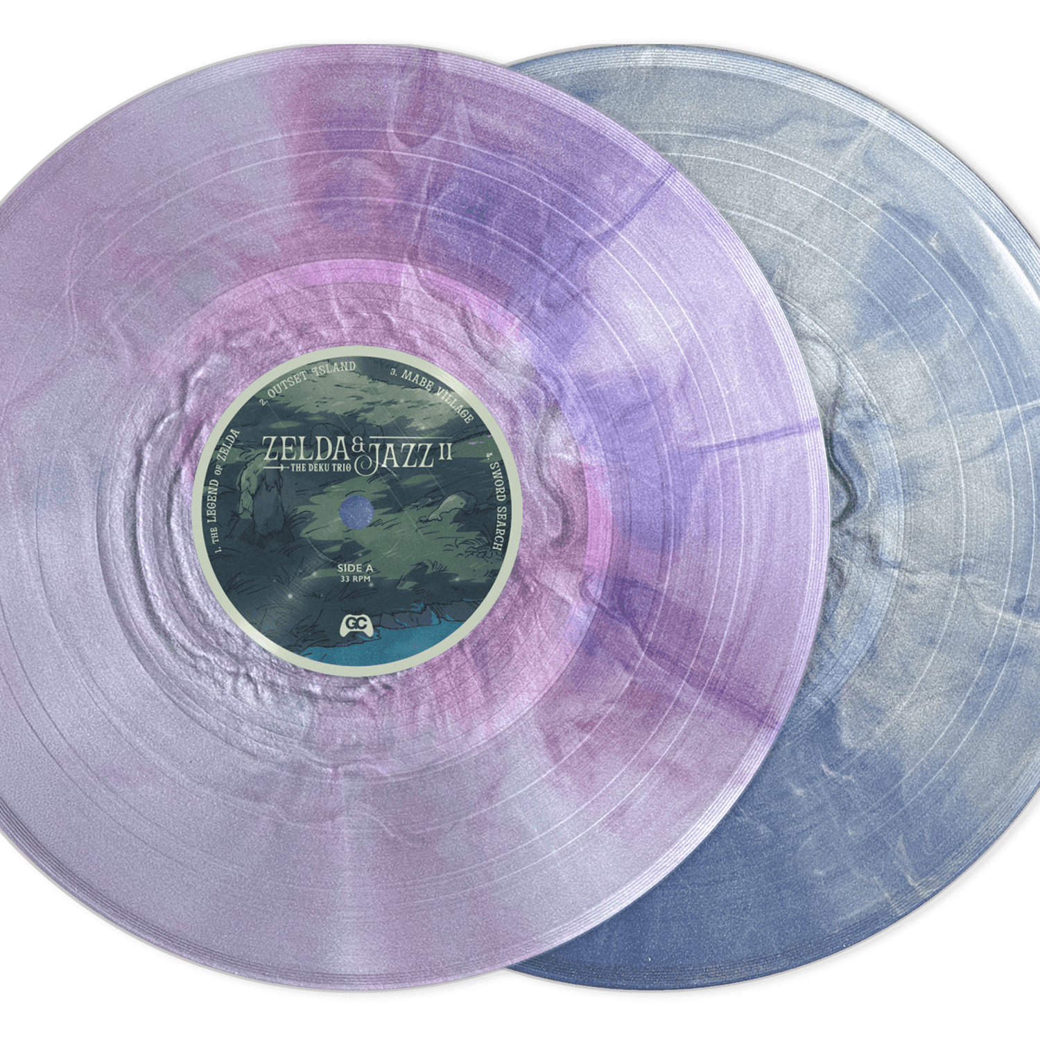 Pink and blue marble vinyl records for The Legend of Zelda jazz tribute album