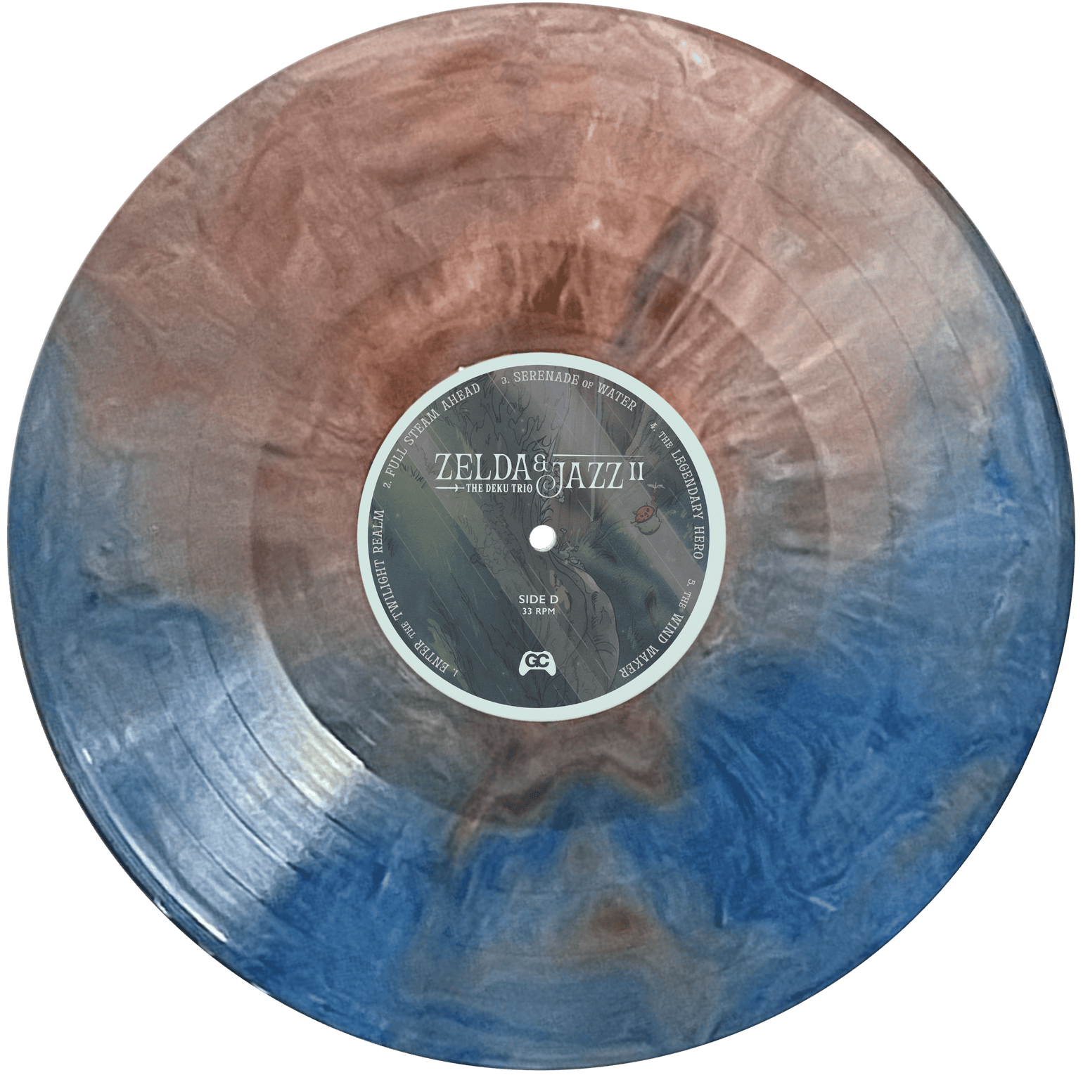 Pink and blue marble vinyl records for The Legend of Zelda jazz tribute album