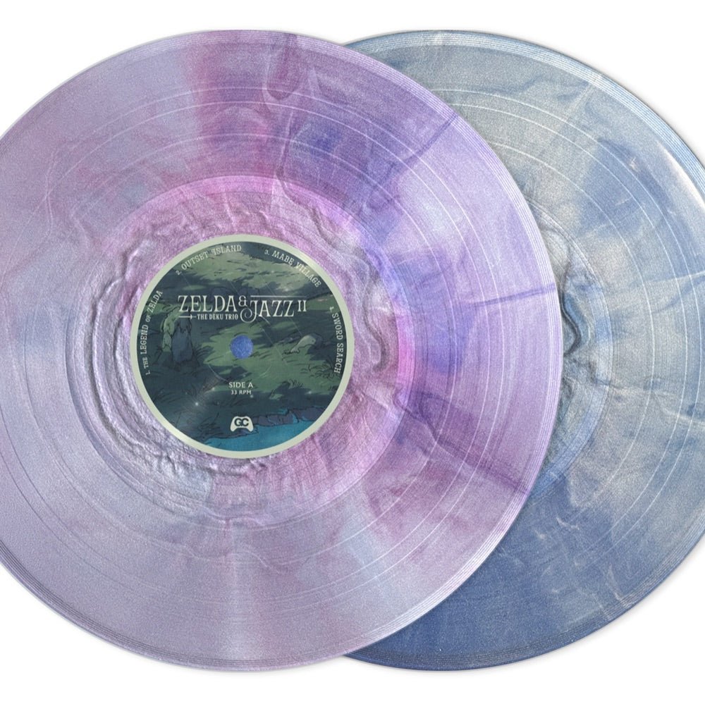 Pink and blue marble vinyl records for The Legend of Zelda jazz tribute album