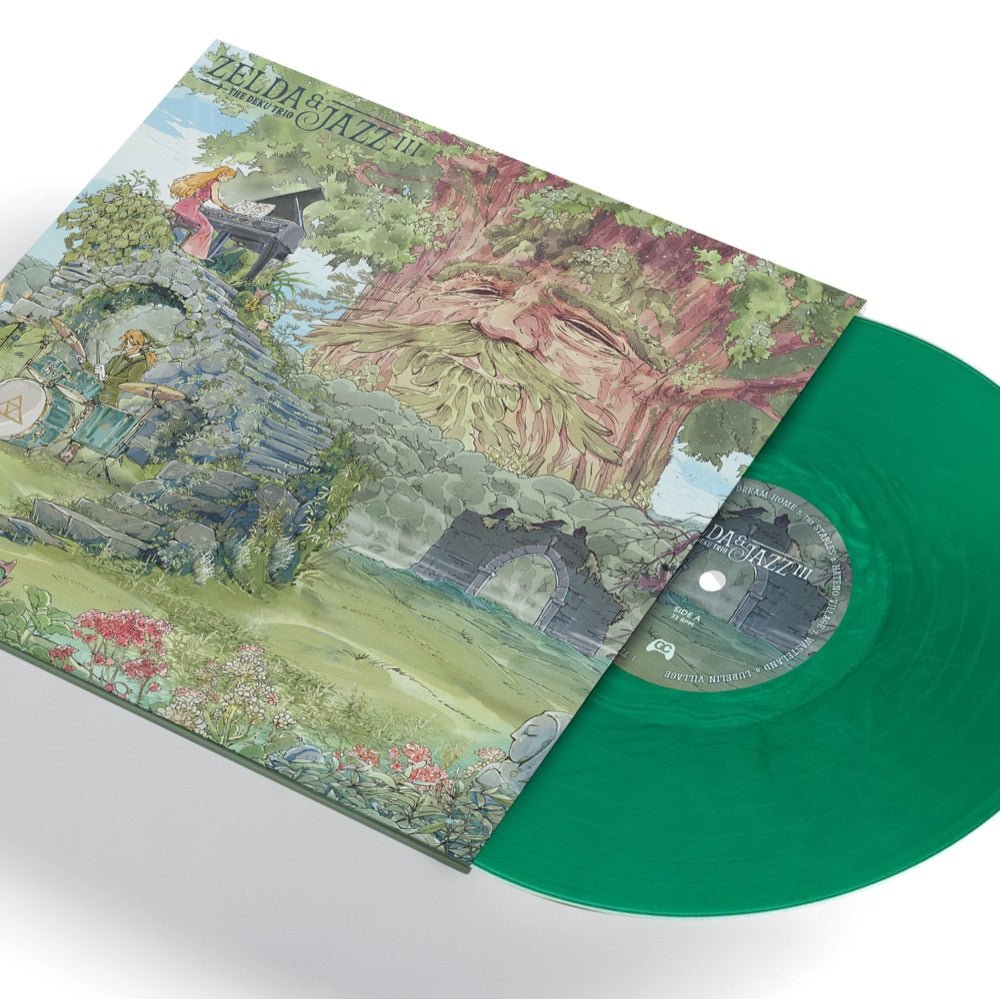 Zelda & Jazz III vinyl record featuring Legend of Zelda smooth jazz covers on green vinyl.