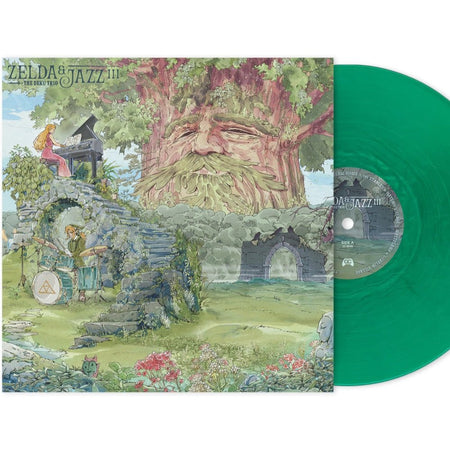 Zelda & Jazz III vinyl record featuring Legend of Zelda smooth jazz covers on hand-poured marble green and gray vinyl.