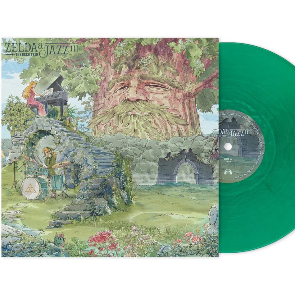 Zelda & Jazz III vinyl record featuring Legend of Zelda smooth jazz covers on hand-poured marble green and gray vinyl.