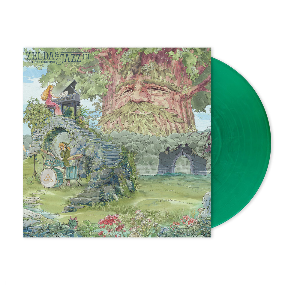 Zelda & Jazz III vinyl record featuring Legend of Zelda smooth jazz covers on hand-poured marble green and gray vinyl.